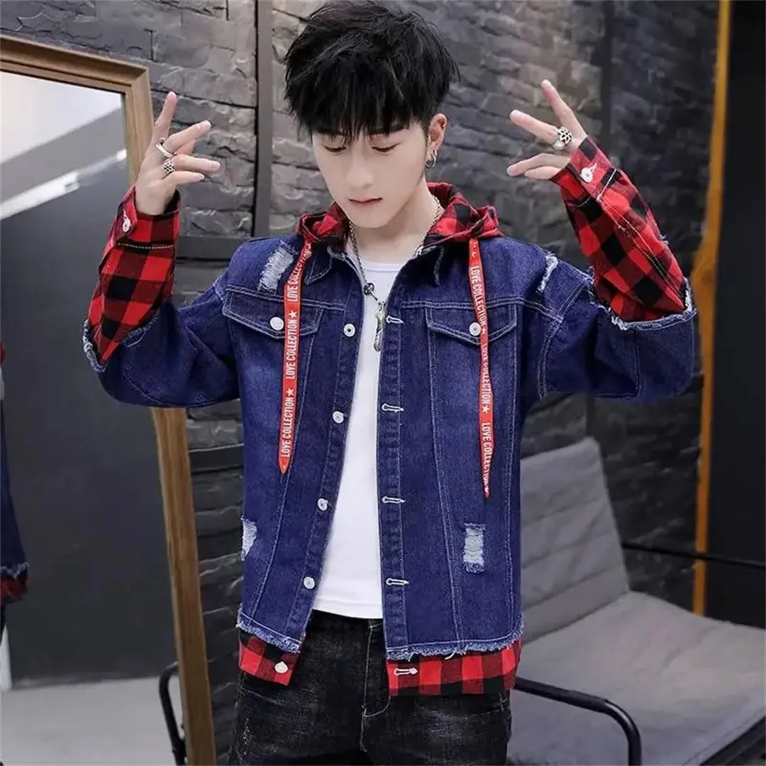 Male Jean Coat With Hole Ripped Men's Denim Jacket Light Piece Vintage Korea Loose Washed Outwear