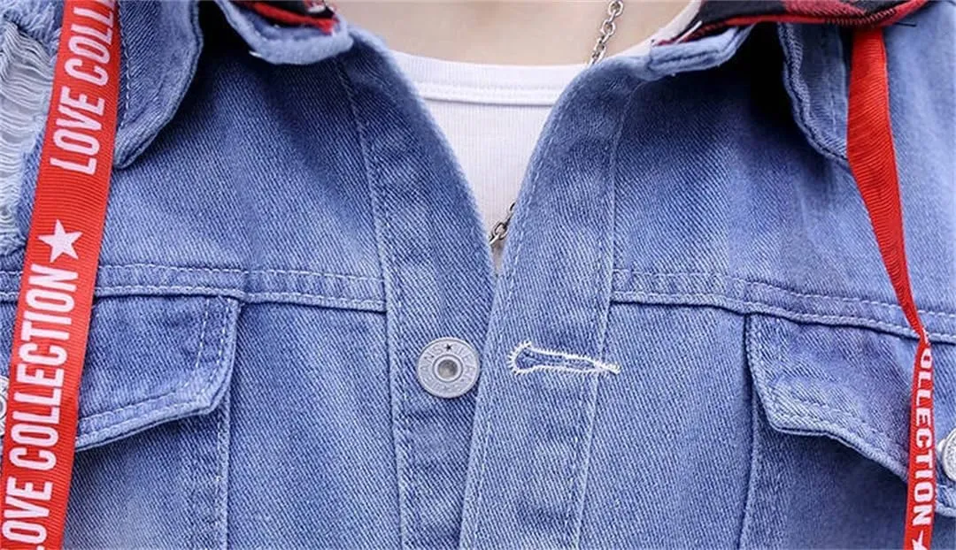 Male Jean Coat With Hole Ripped Men's Denim Jacket Light Piece Vintage Korea Loose Washed Outwear