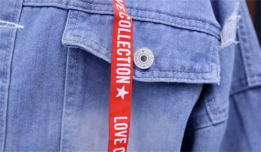 Male Jean Coat With Hole Ripped Men's Denim Jacket Light Piece Vintage Korea Loose Washed Outwear