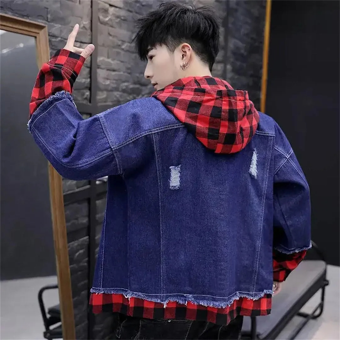 Male Jean Coat With Hole Ripped Men's Denim Jacket Light Piece Vintage Korea Loose Washed Outwear