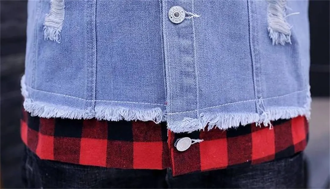 Male Jean Coat With Hole Ripped Men's Denim Jacket Light Piece Vintage Korea Loose Washed Outwear