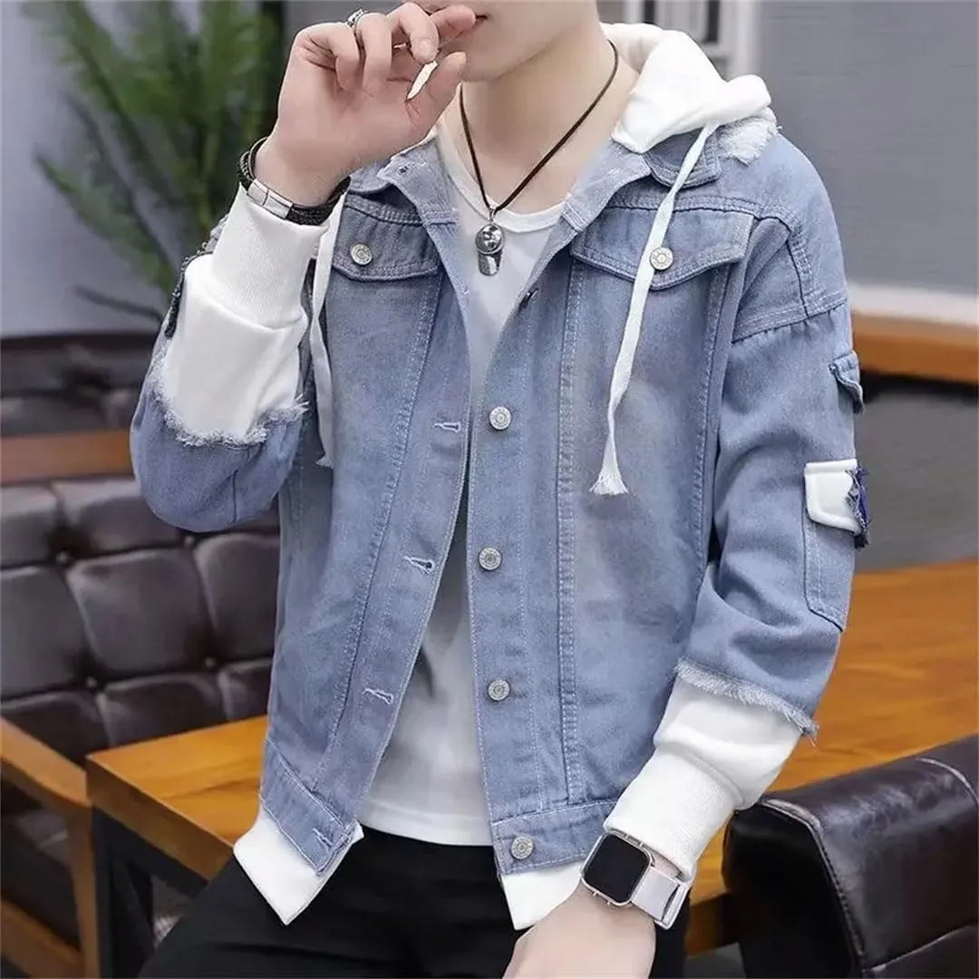 Male Jean Coat With Hole Ripped Men's Denim Jacket Light Piece Vintage Korea Loose Washed Outwear