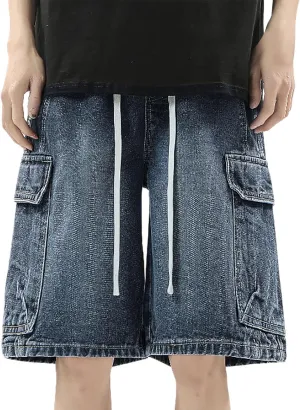 Men Baggy Denim Jorts Y2K Vintage Loose Hip Hop Jean Shorts Wide Leg Long Jeans with Pockets Streetwear