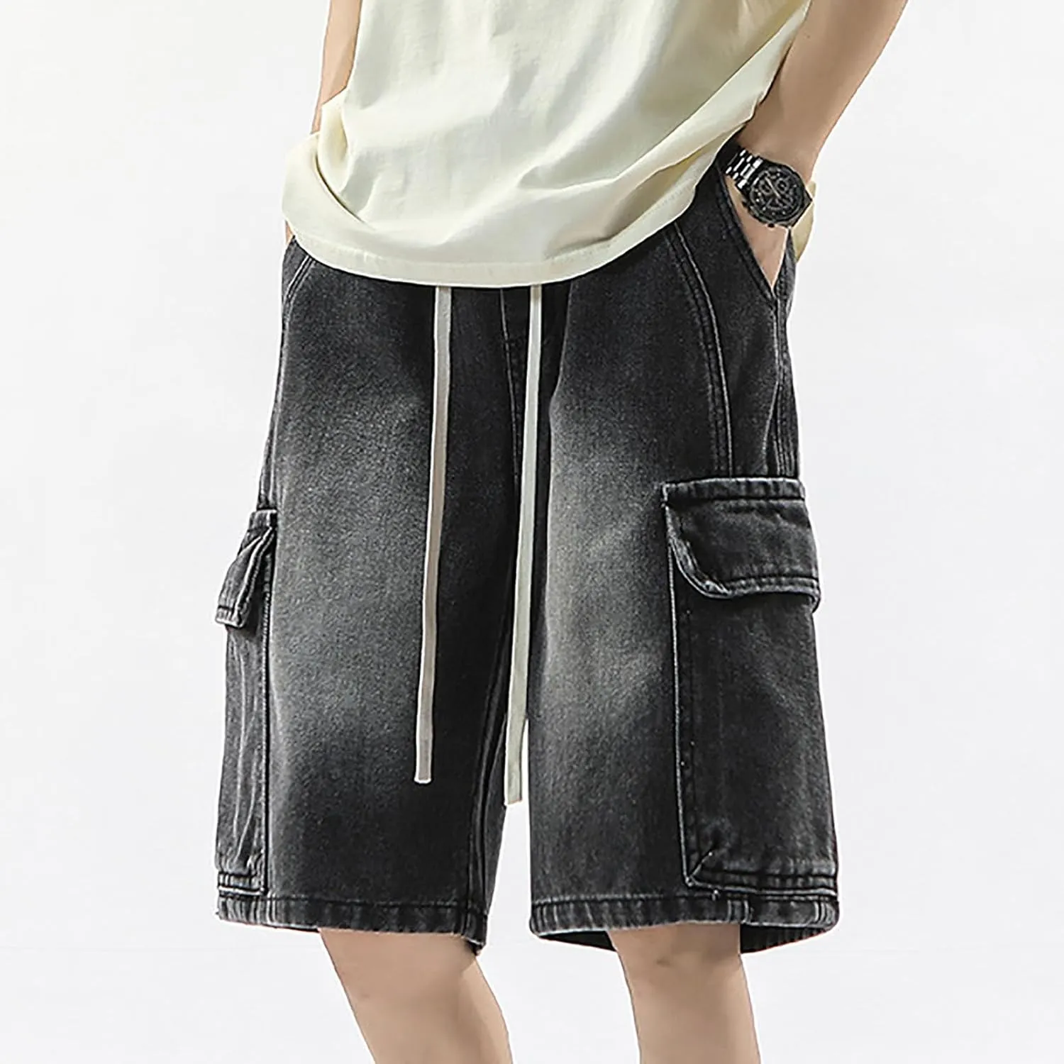 Men Baggy Denim Jorts Y2K Vintage Loose Hip Hop Jean Shorts Wide Leg Long Jeans with Pockets Streetwear