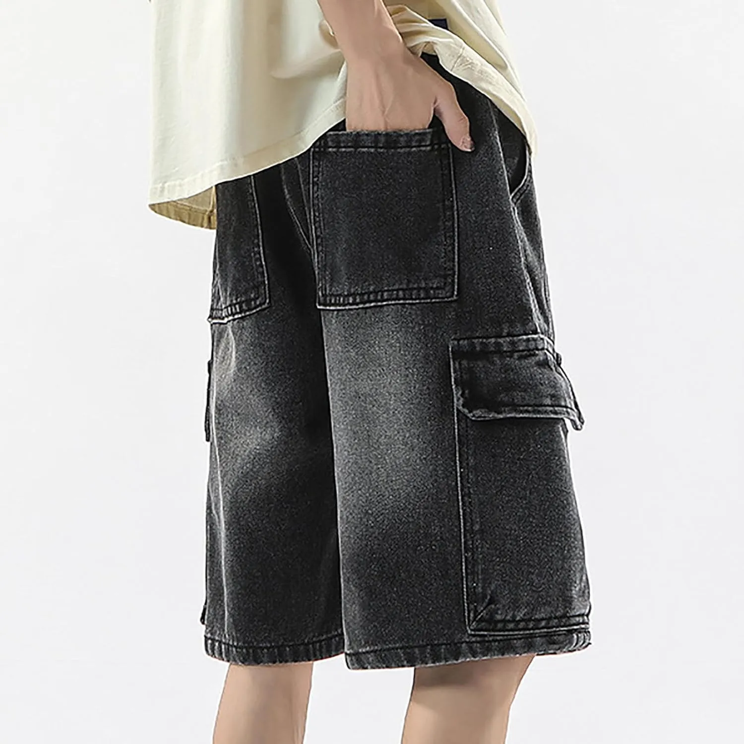 Men Baggy Denim Jorts Y2K Vintage Loose Hip Hop Jean Shorts Wide Leg Long Jeans with Pockets Streetwear