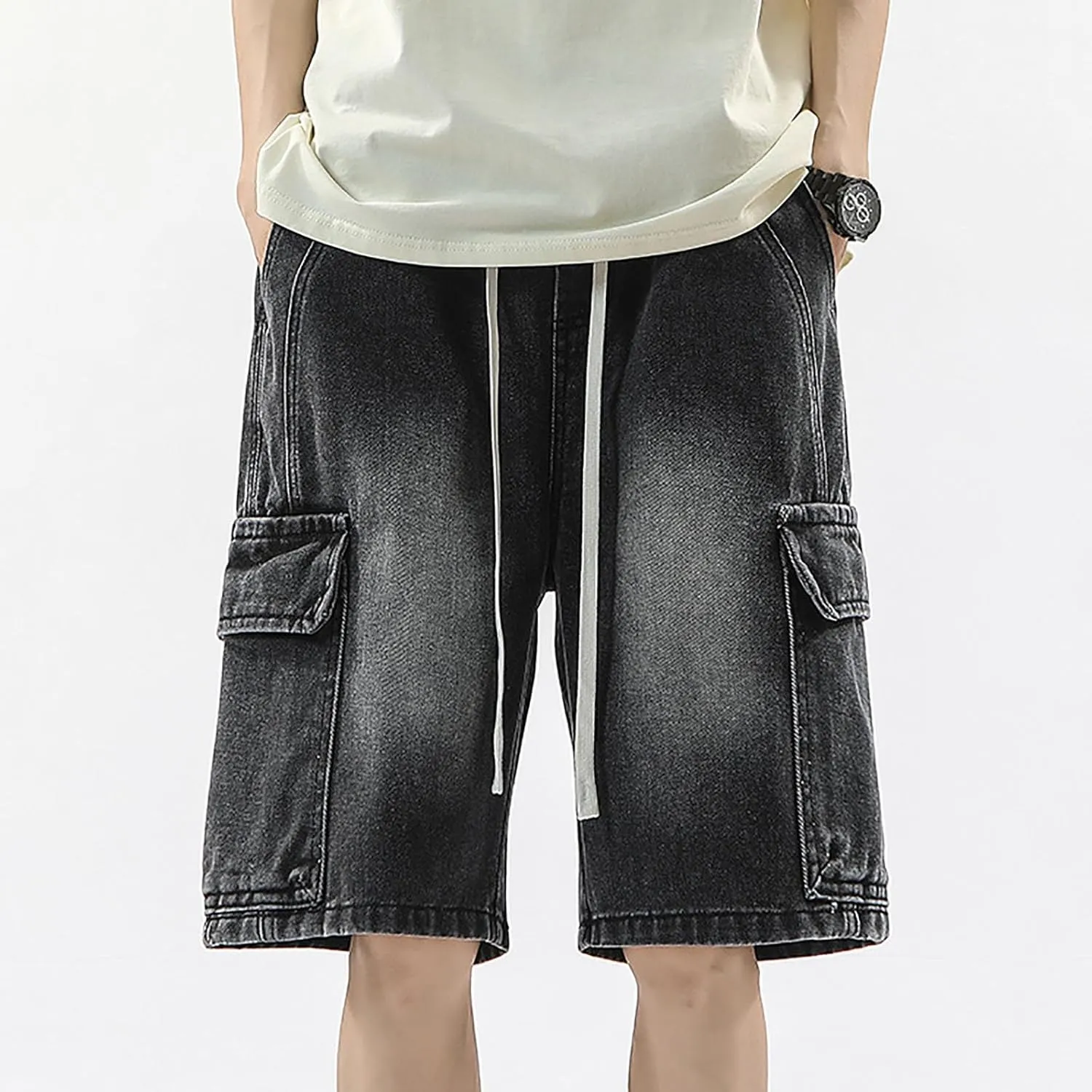 Men Baggy Denim Jorts Y2K Vintage Loose Hip Hop Jean Shorts Wide Leg Long Jeans with Pockets Streetwear
