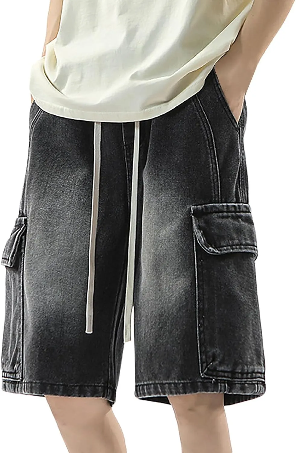 Men Baggy Denim Jorts Y2K Vintage Loose Hip Hop Jean Shorts Wide Leg Long Jeans with Pockets Streetwear