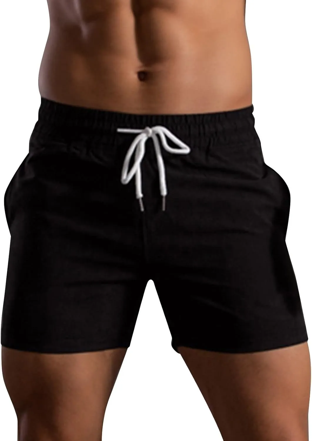 Men Shorts Mid Rise Drawstring Elastic Waisted Slim Fit Short Pants Causal Summer Homewear Solid Color Fitness Shorts