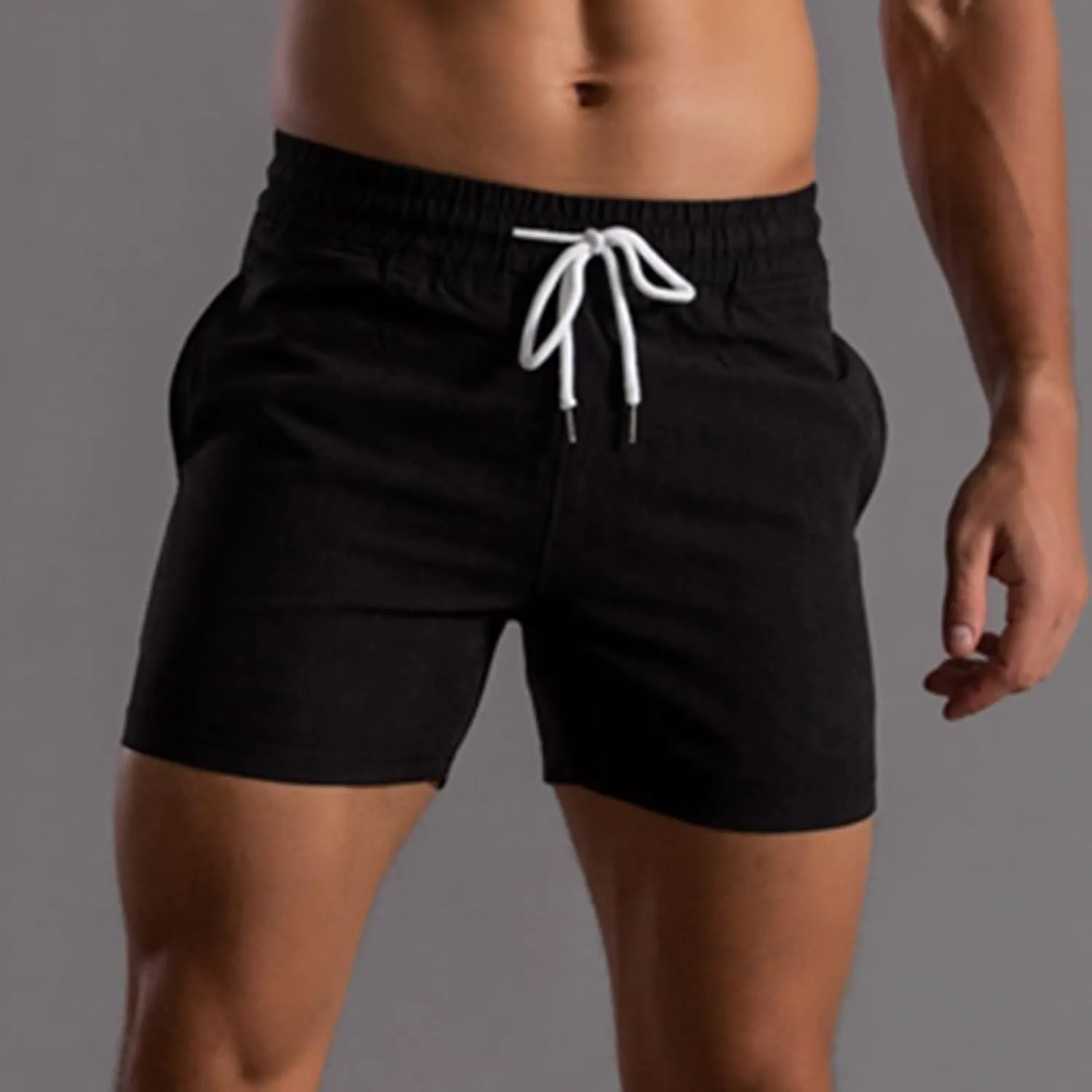 Men Shorts Mid Rise Drawstring Elastic Waisted Slim Fit Short Pants Causal Summer Homewear Solid Color Fitness Shorts