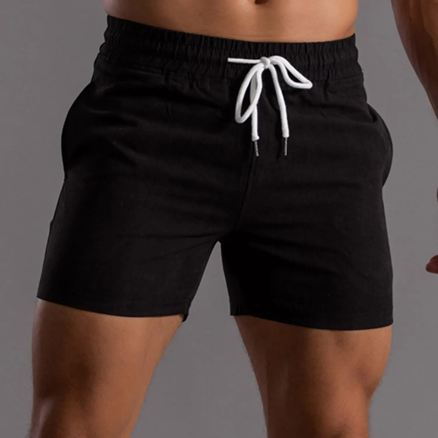 Men Shorts Mid Rise Drawstring Elastic Waisted Slim Fit Short Pants Causal Summer Homewear Solid Color Fitness Shorts