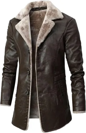 Men Warm Winter Long PU Leather Jacket Long Faux Sheepskin Coats Cotton-Padded Warmth Soft Winter Jackets (Brown,X-Large)