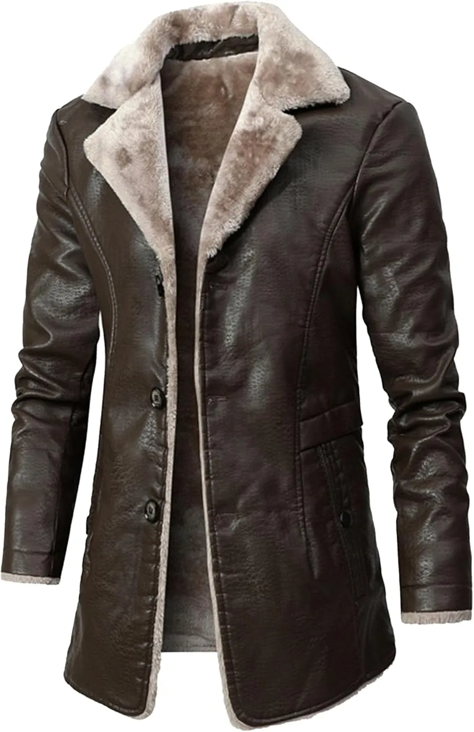Men Warm Winter Long PU Leather Jacket Long Faux Sheepskin Coats Cotton-Padded Warmth Soft Winter Jackets (Brown,X-Large)