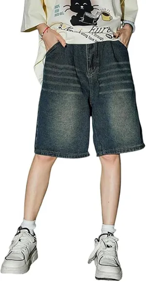 Men Y2K Grunge Baggy Jean Shorts Casual Hip Hop Long Loose Fit Denim Shorts Streetwear with Pockets