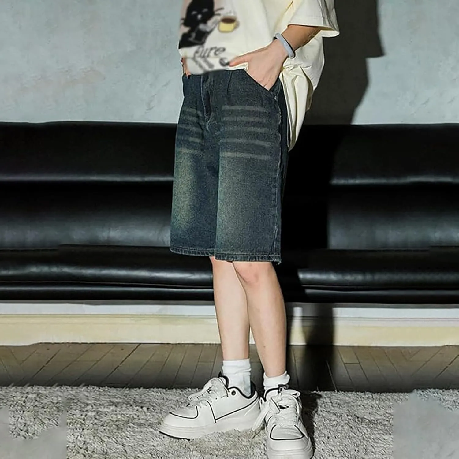 Men Y2K Grunge Baggy Jean Shorts Casual Hip Hop Long Loose Fit Denim Shorts Streetwear with Pockets