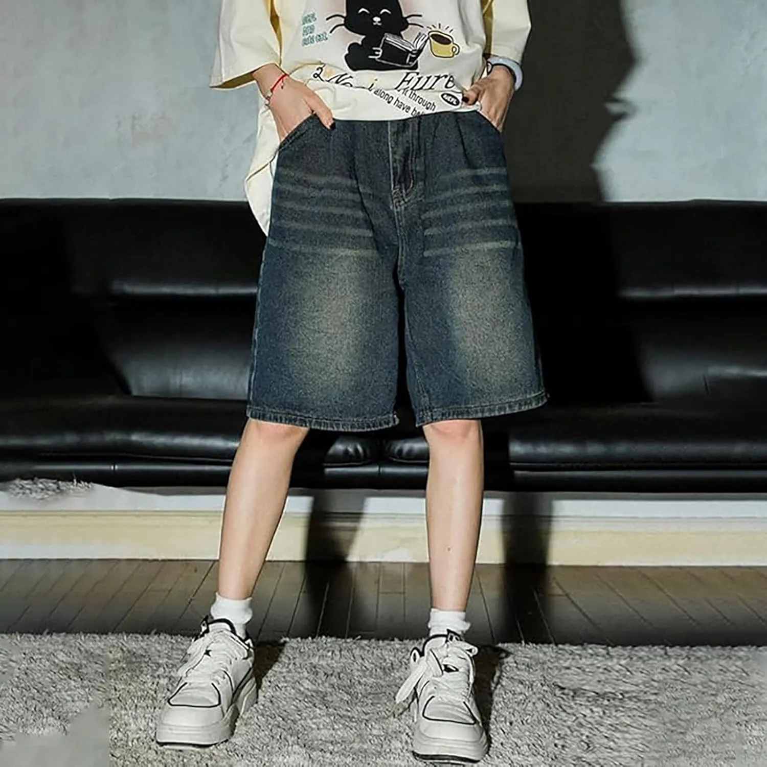Men Y2K Grunge Baggy Jean Shorts Casual Hip Hop Long Loose Fit Denim Shorts Streetwear with Pockets