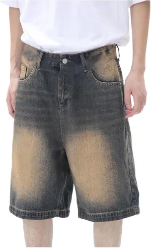 Men Y2K Grunge Baggy Jean Shorts Casual Hip Hop Long Loose Fit Denim Shorts Streetwear with Pockets