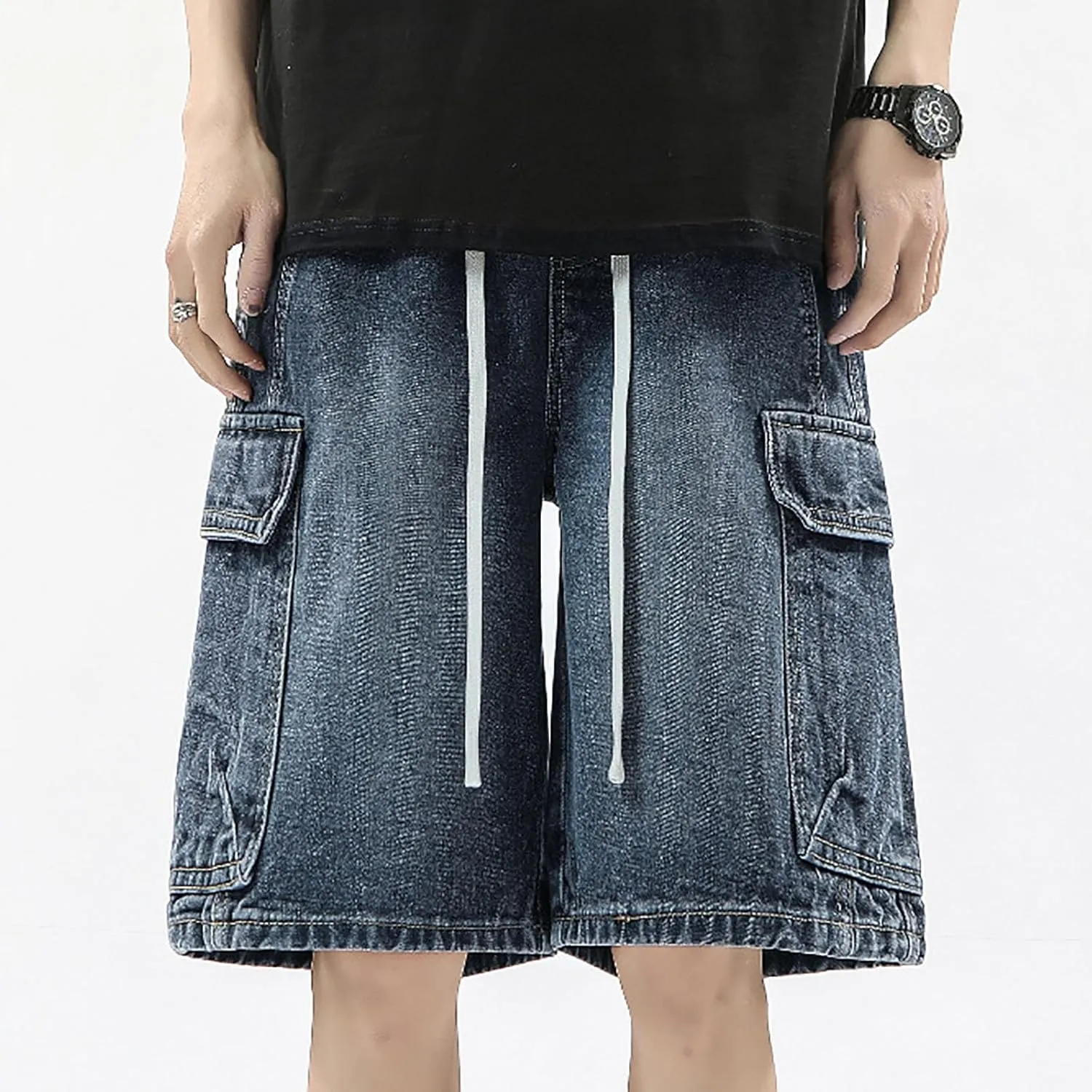 Men Y2K Grunge Baggy Jean Shorts Casual Hip Hop Long Loose Fit Denim Shorts Streetwear with Pockets