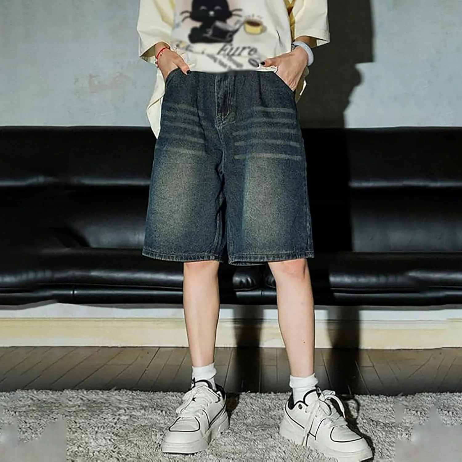 Men Y2K Grunge Baggy Jean Shorts Casual Hip Hop Long Loose Fit Denim Shorts Streetwear with Pockets