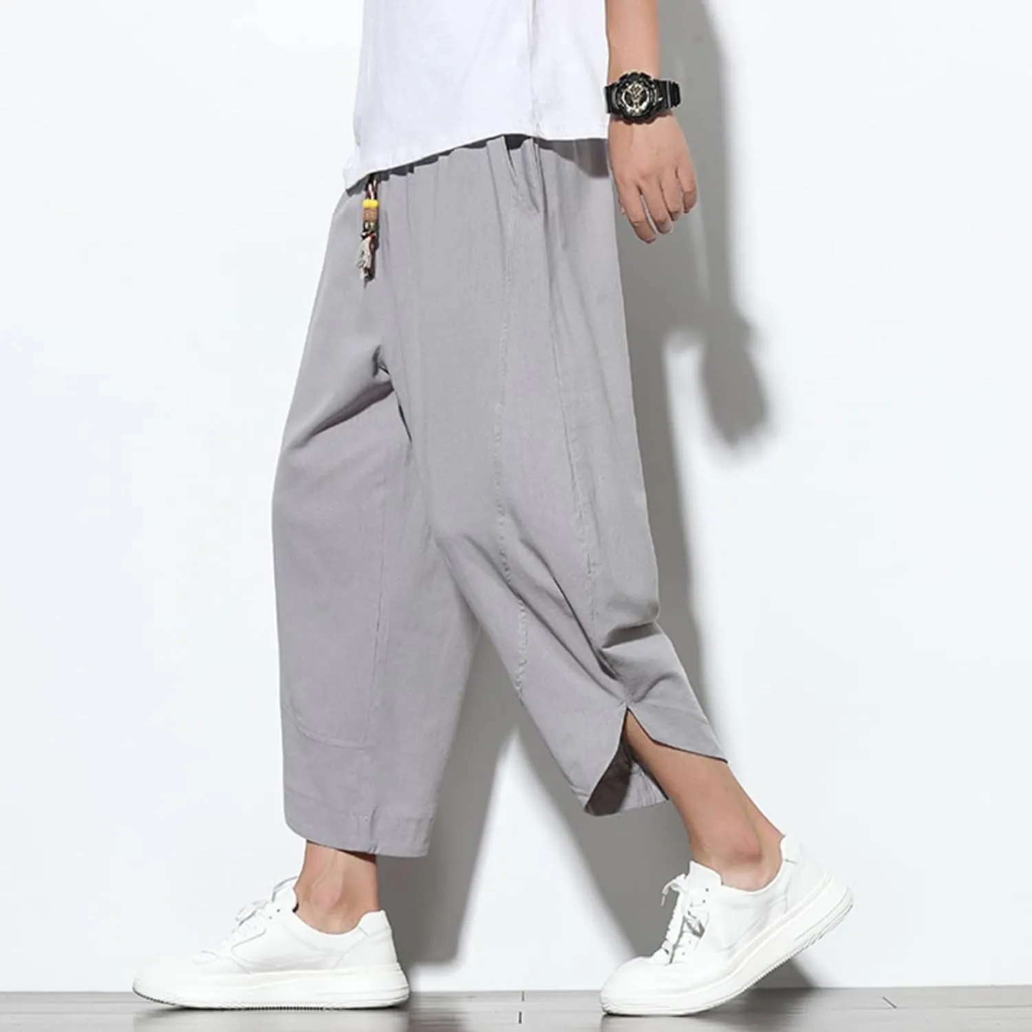 Mens Baggy Pants Drawstring Cotton Linen Wide Leg Yoga Pants Solid Color Baggy Pants