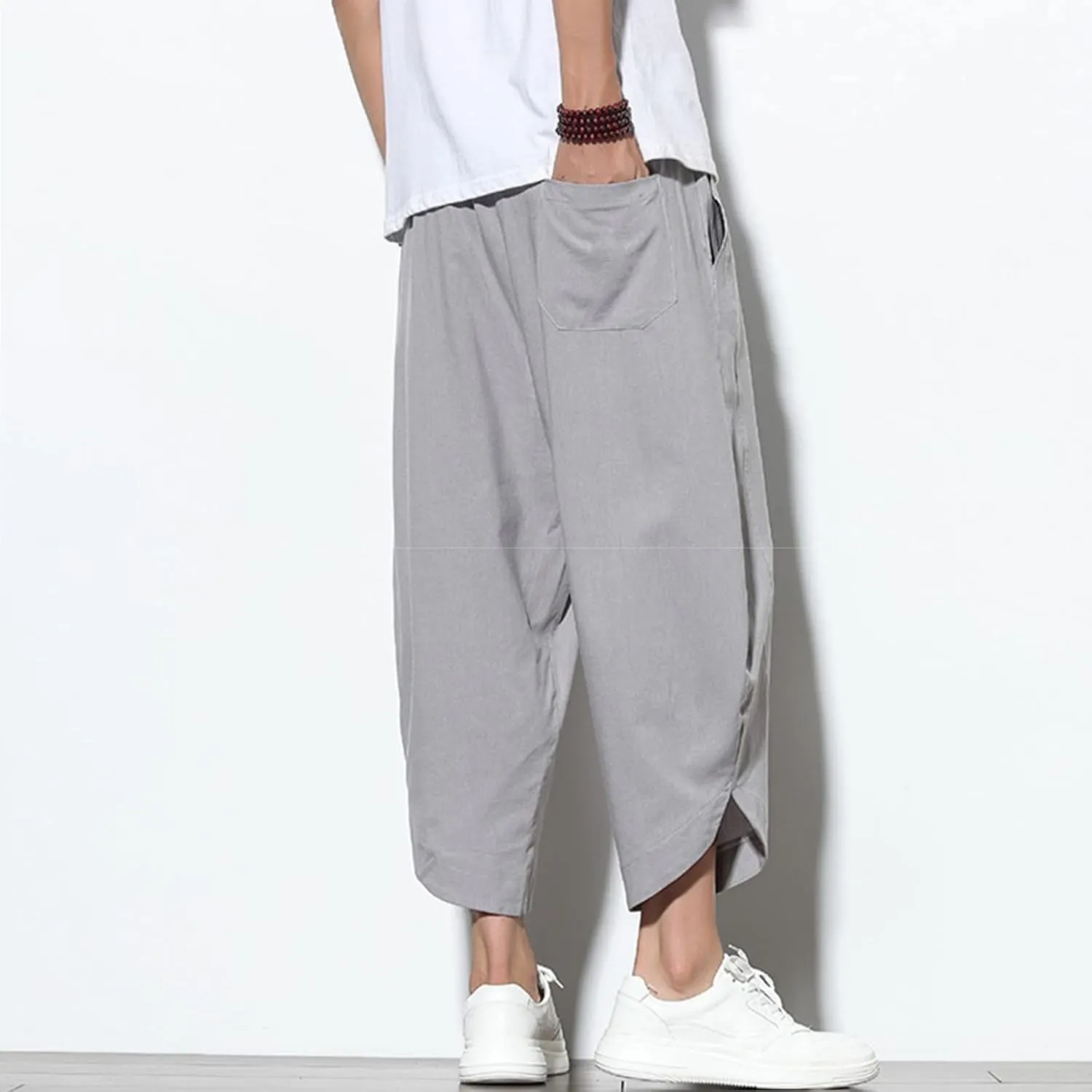 Mens Baggy Pants Drawstring Cotton Linen Wide Leg Yoga Pants Solid Color Baggy Pants