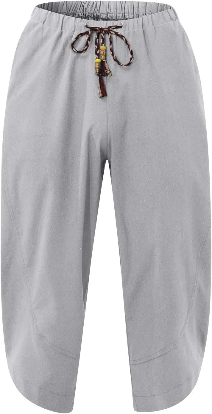 Mens Baggy Pants Drawstring Cotton Linen Wide Leg Yoga Pants Solid Color Baggy Pants
