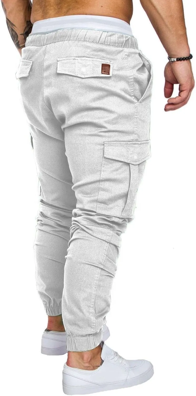 Mens Cargo Pants Slim Fit Drawstring Stretch Joggers Tapered Causal Fashion Solid Athletic Sweatpants Fall Trousers