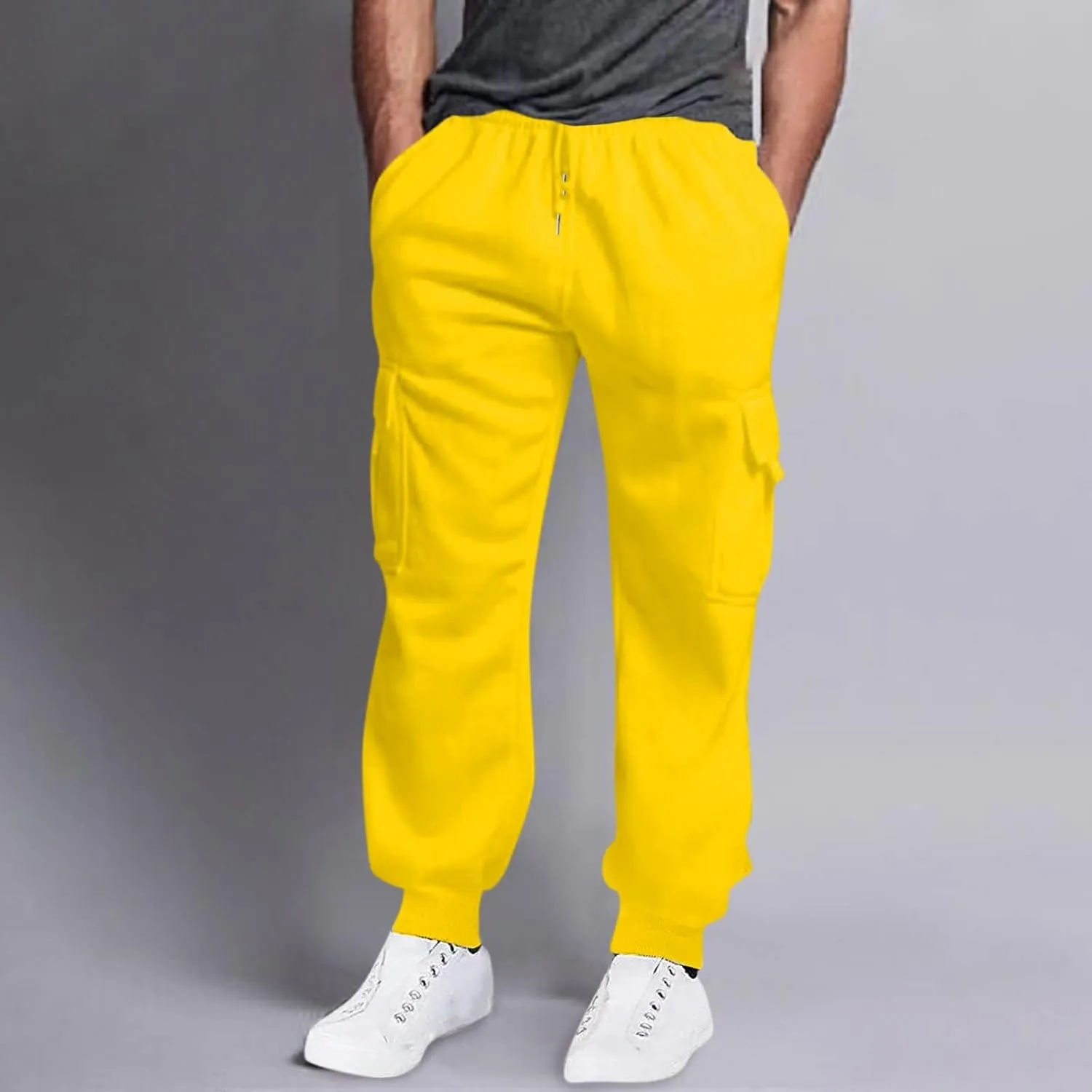 Mens Cargo Sweatpants Relaxed Cotton Simple Solid Color Leisure High Street Elastic Lace Up Pants Men's Cargo