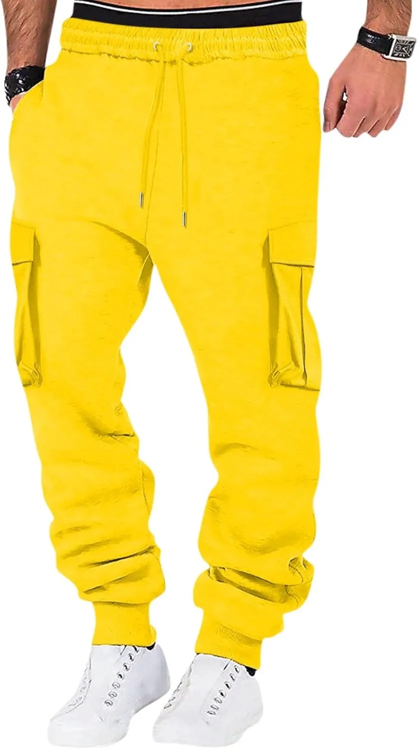 Mens Cargo Sweatpants Relaxed Cotton Simple Solid Color Leisure High Street Elastic Lace Up Pants Men's Cargo