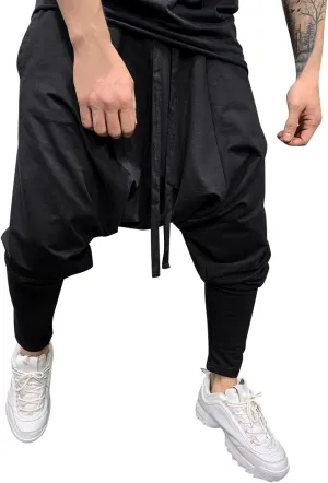 Mens Casual Cotton Harem Pants Streetwear Boho Hippie Drop Crotch Trousers for Men Lightweight Drawstring Yoga Pants