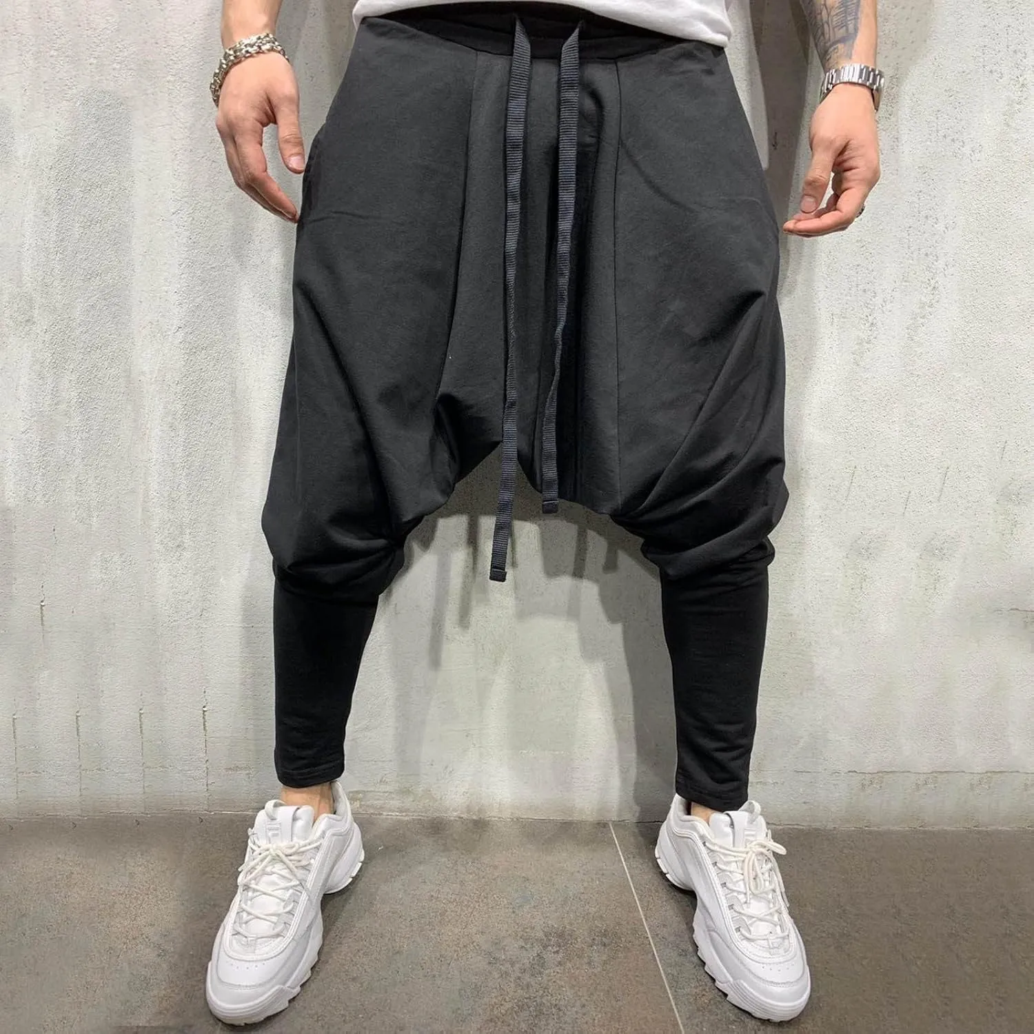 Mens Casual Cotton Harem Pants Streetwear Boho Hippie Drop Crotch Trousers for Men Lightweight Drawstring Yoga Pants