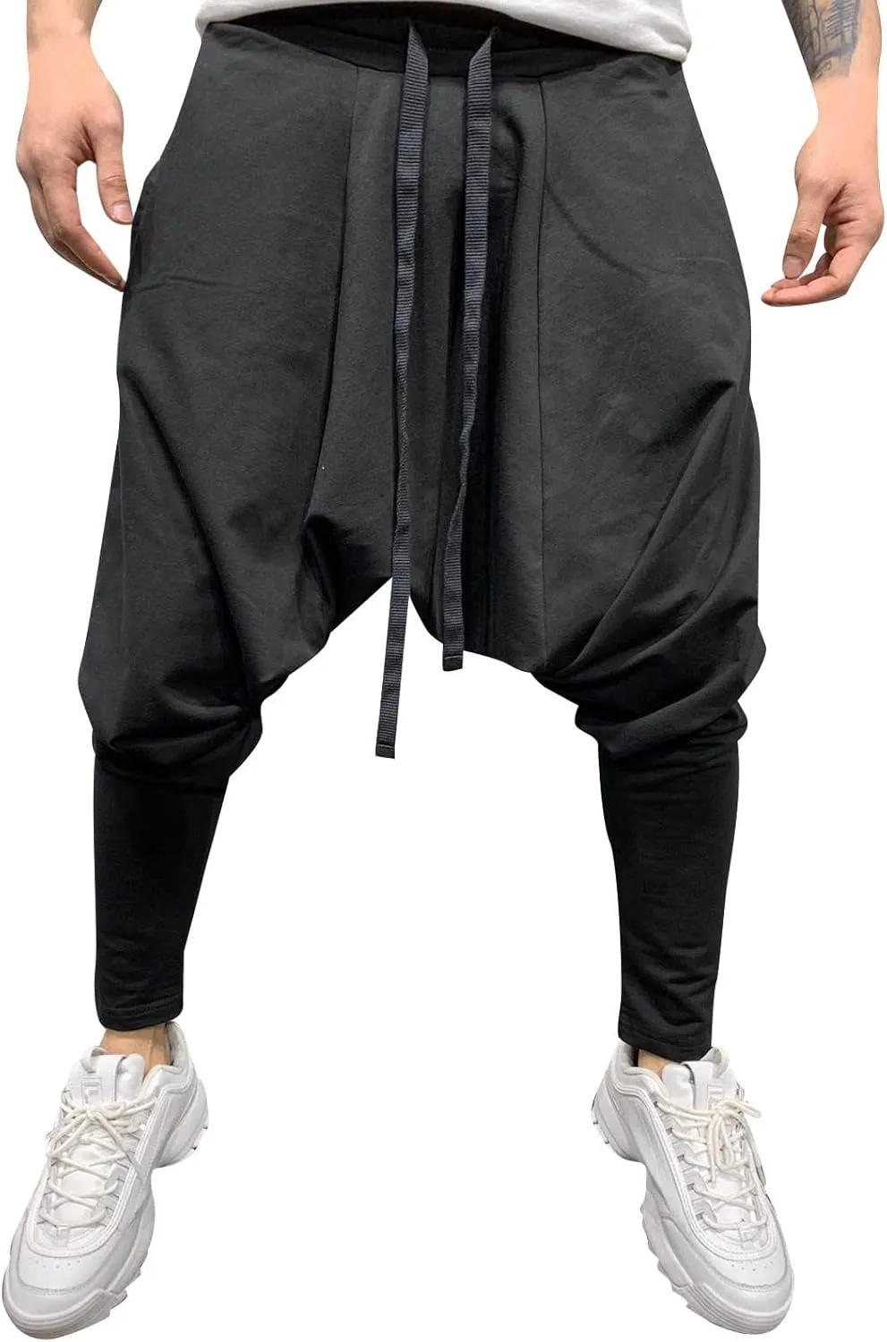 Mens Casual Cotton Harem Pants Streetwear Boho Hippie Drop Crotch Trousers for Men Lightweight Drawstring Yoga Pants