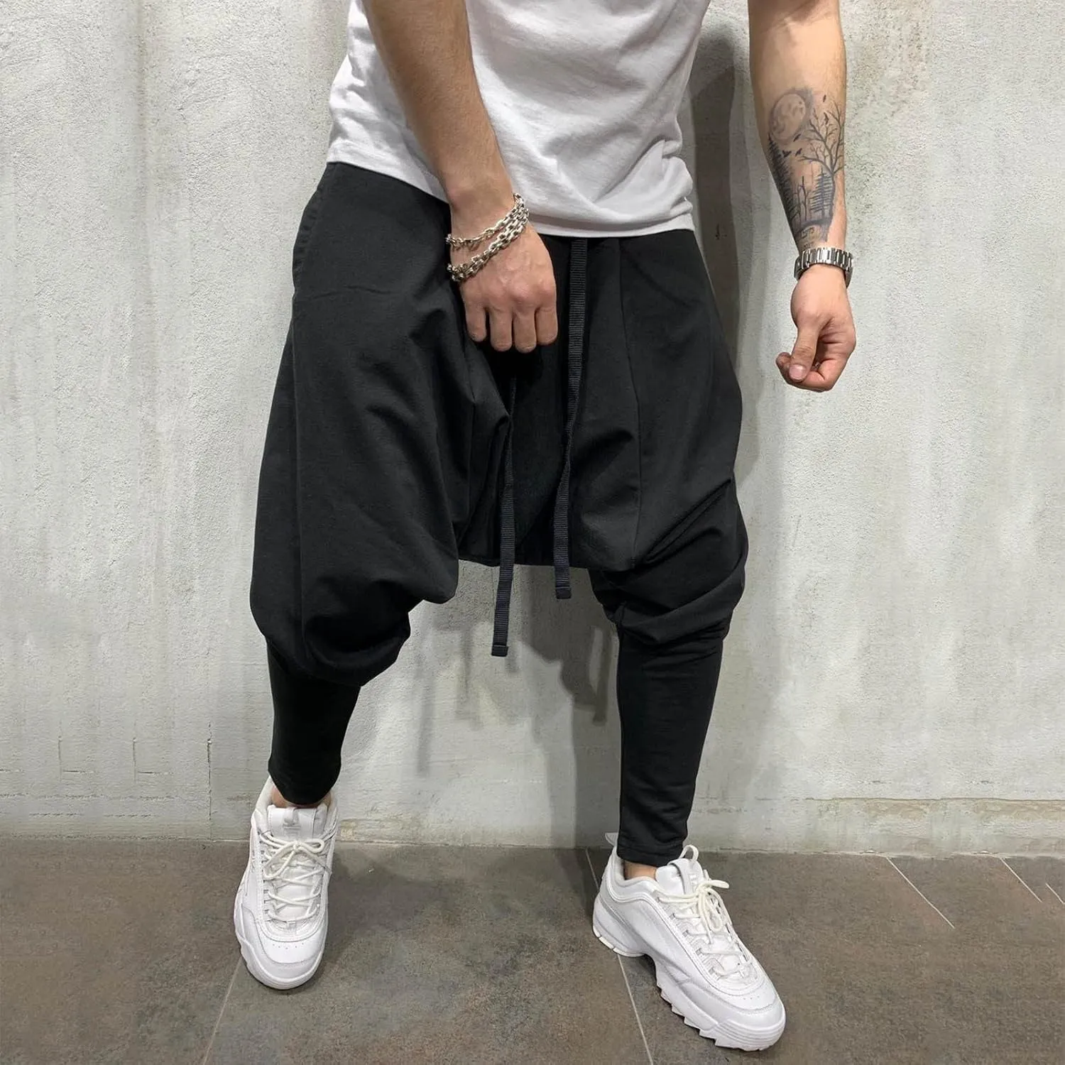 Mens Casual Cotton Harem Pants Streetwear Boho Hippie Drop Crotch Trousers for Men Lightweight Drawstring Yoga Pants