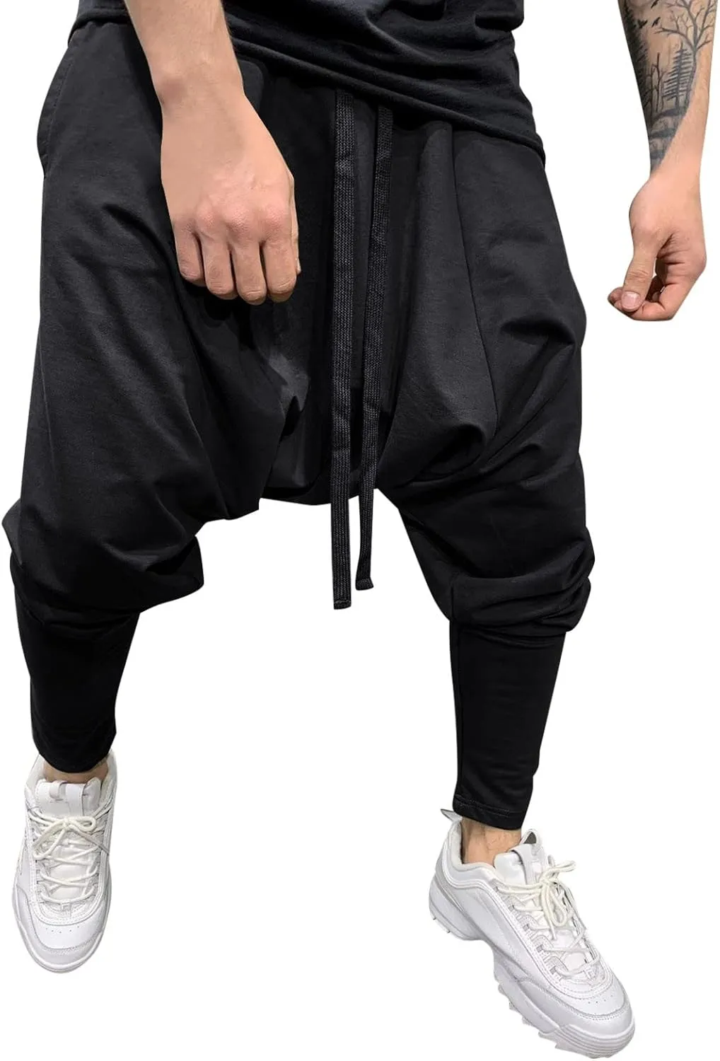 Mens Casual Cotton Harem Pants Streetwear Boho Hippie Drop Crotch Trousers for Men Lightweight Drawstring Yoga Pants