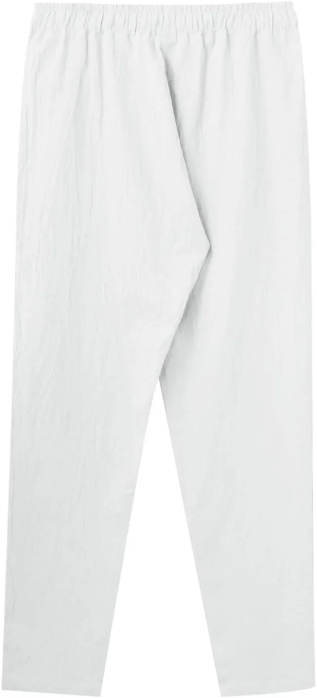 Men's Casual Linen Pants Loose Fit Elastic Drawstring Waist Straight Legs Summer Yoga Beach Long Pants 2024