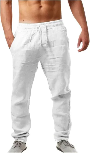 Men's Casual Linen Pants Loose Fit Elastic Drawstring Waist Straight Legs Summer Yoga Beach Long Pants 2024