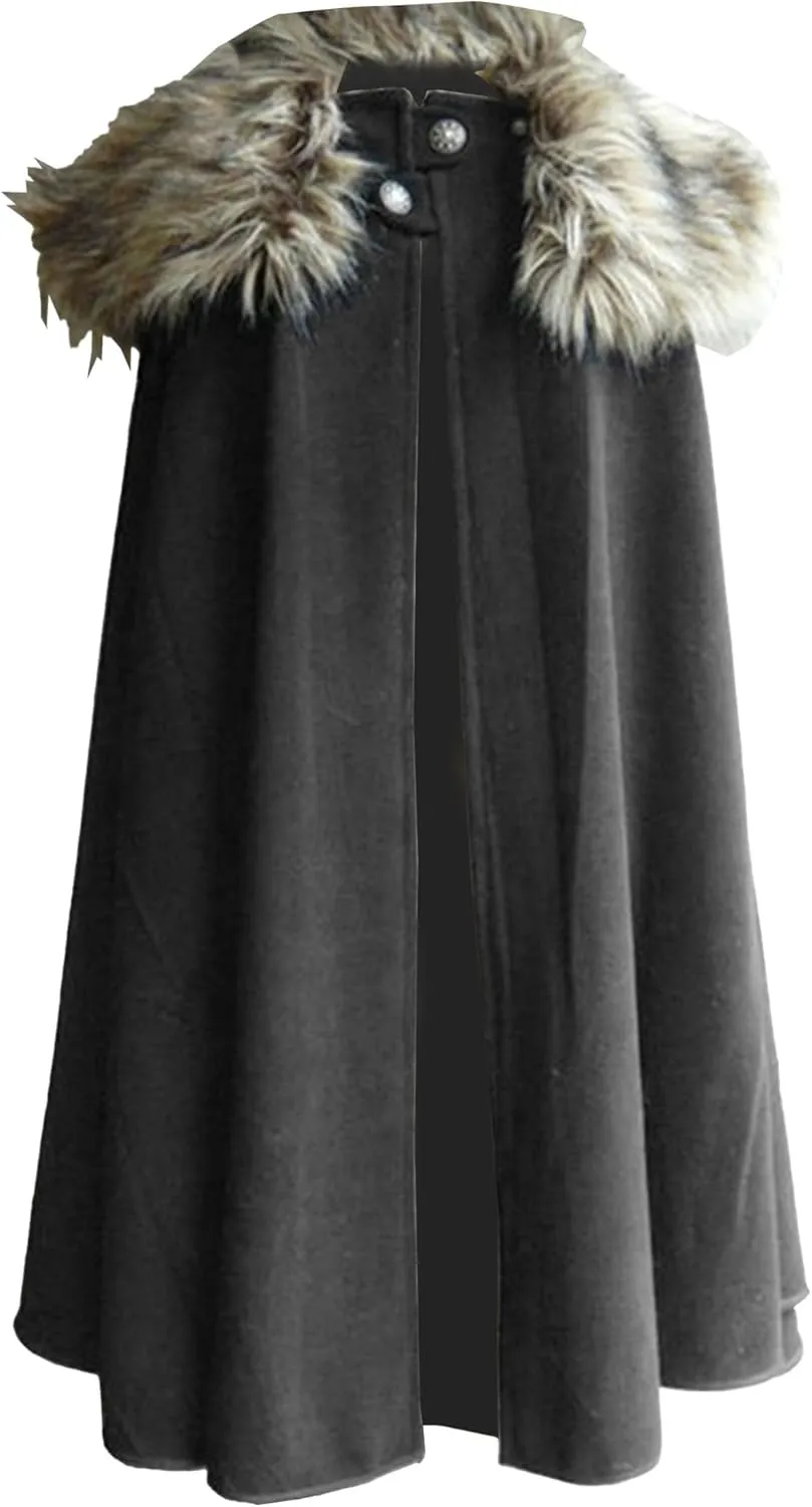 Mens Classic Fur Shoulder Cape Wool Faux Fur Collar Long Coat Fur Cloak Medieval King Cape Costume
