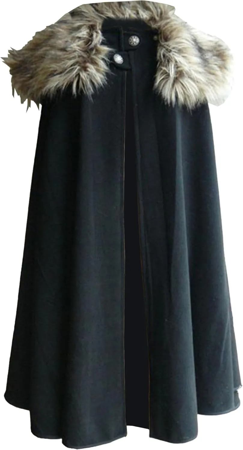 Mens Classic Fur Shoulder Cape Wool Faux Fur Collar Long Coat Fur Cloak Medieval King Cape Costume