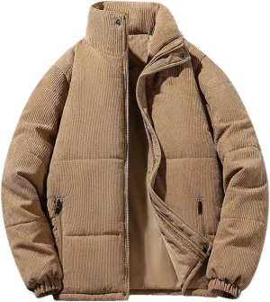 Mens Corduroy Parkas Vintage Cotton Padded Warm Coat Stand Collar Zipper Outerwear