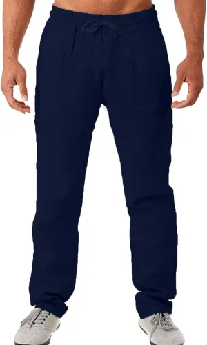 Men's Cotton Linen Athletic Gym Pants Stretch Elastic Waist Joggers Hiking Hunting Work Trousers Beach Pants Chino Pants Slim Fit Mens Ice Skating Tights