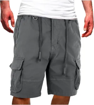 Mens Drawstring Cargo Shorts Straight Leg Military Tactical Combat Hiking Fishing Pants Multi-Pockets Fitness Sports Bermuda