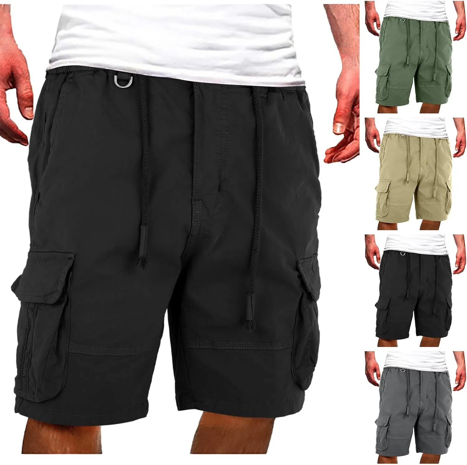 Mens Drawstring Cargo Shorts Straight Leg Military Tactical Combat Hiking Fishing Pants Multi-Pockets Fitness Sports Bermuda