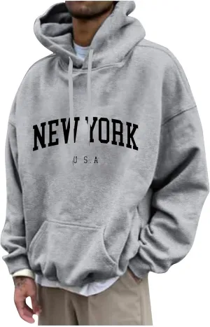 Mens Hoodies,New York Print Hoodies Long Sleeve Oversized Sweatshirts Casual Drawstring Pullover With Hood