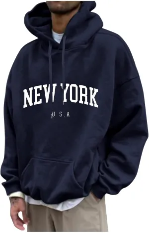 Mens Hoodies,New York Print Hoodies Long Sleeve Oversized Sweatshirts Casual Drawstring Pullover With Hood