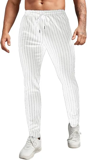 Mens Lightweight Casual Pants Striped Tight Stretch Quick Drying Outdoor Street Trousers Drawstring High Waisted Tapered Pant