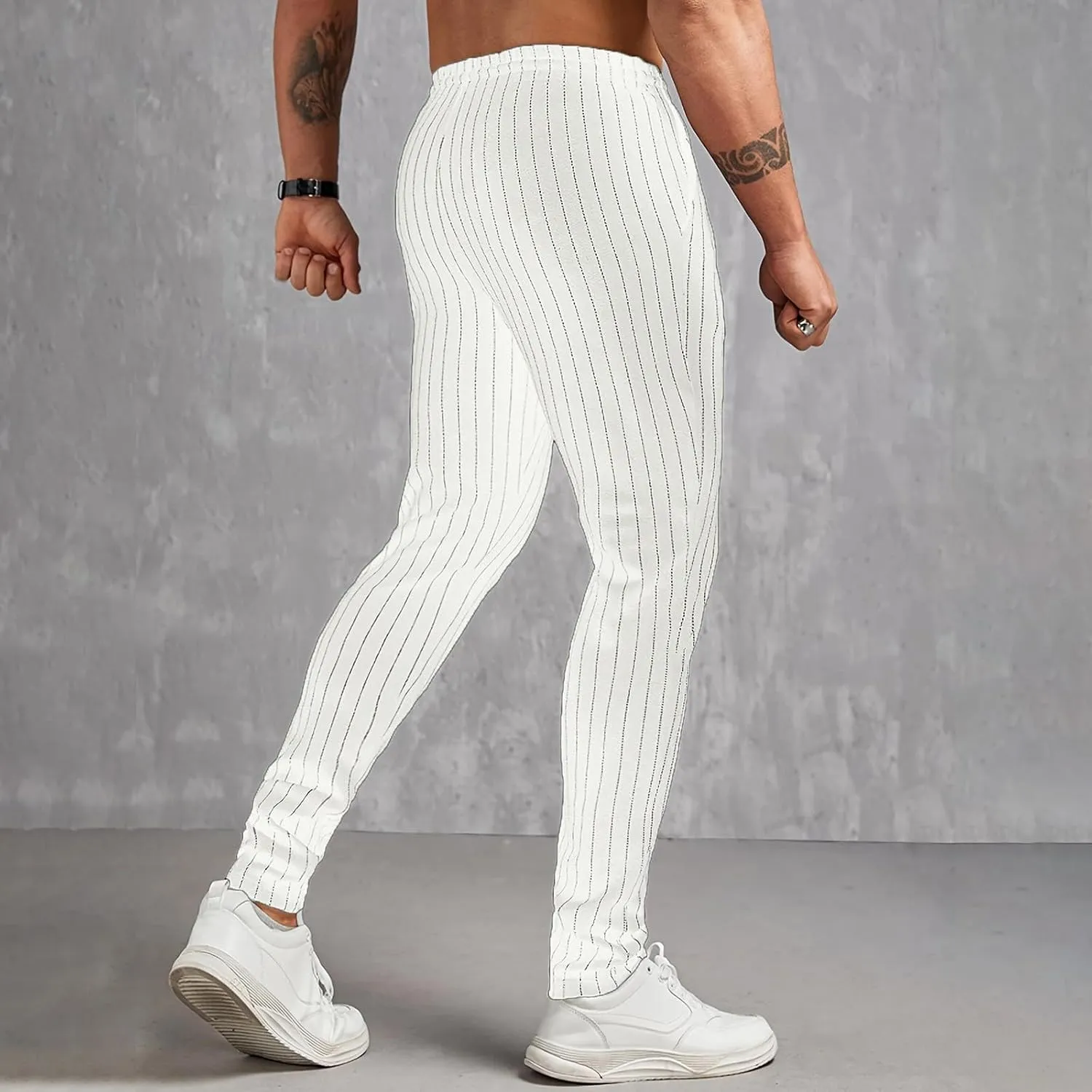 Mens Lightweight Casual Pants Striped Tight Stretch Quick Drying Outdoor Street Trousers Drawstring High Waisted Tapered Pant