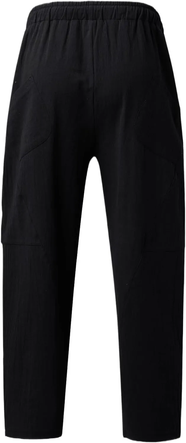 Mens Linen Pants with Pockets Casual Lightweight Breathable Summer Pant Straight Leg Drawstring Holiday Daily Sweetpants