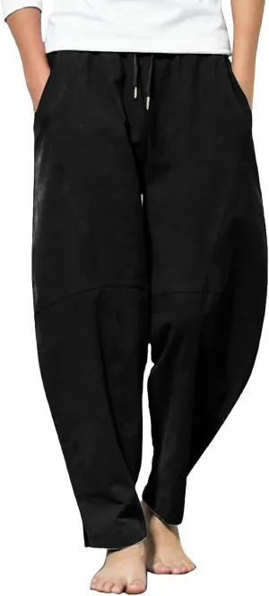 Mens Linen Pants with Pockets Casual Lightweight Breathable Summer Pant Straight Leg Drawstring Holiday Daily Sweetpants