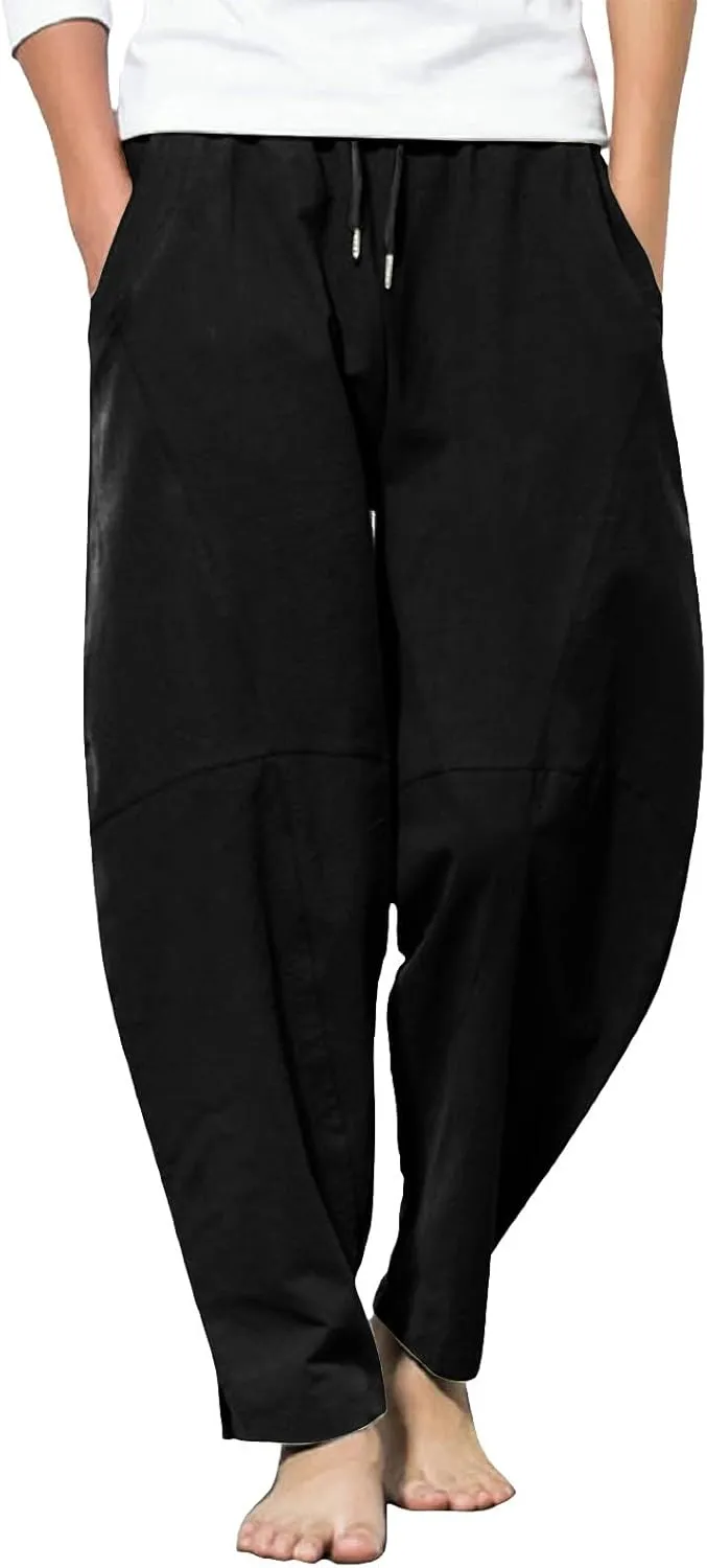 Mens Linen Pants with Pockets Casual Lightweight Breathable Summer Pant Straight Leg Drawstring Holiday Daily Sweetpants