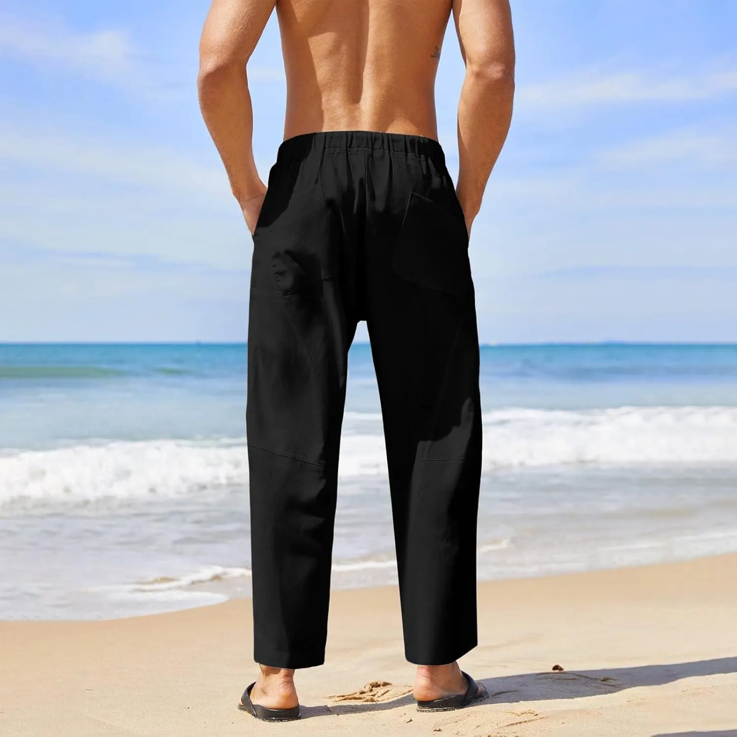 Mens Linen Pants with Pockets Casual Lightweight Breathable Summer Pant Straight Leg Drawstring Holiday Daily Sweetpants