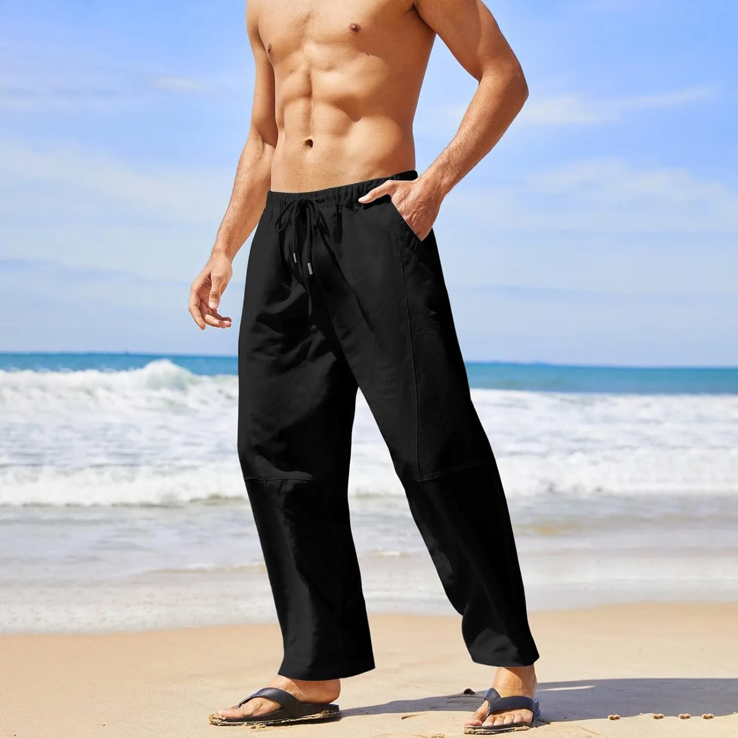 Mens Linen Pants with Pockets Casual Lightweight Breathable Summer Pant Straight Leg Drawstring Holiday Daily Sweetpants